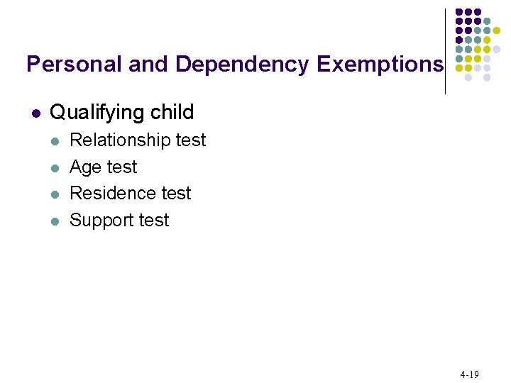 Personal and Dependency Exemptions l Qualifying child l l Relationship test Age test Residence