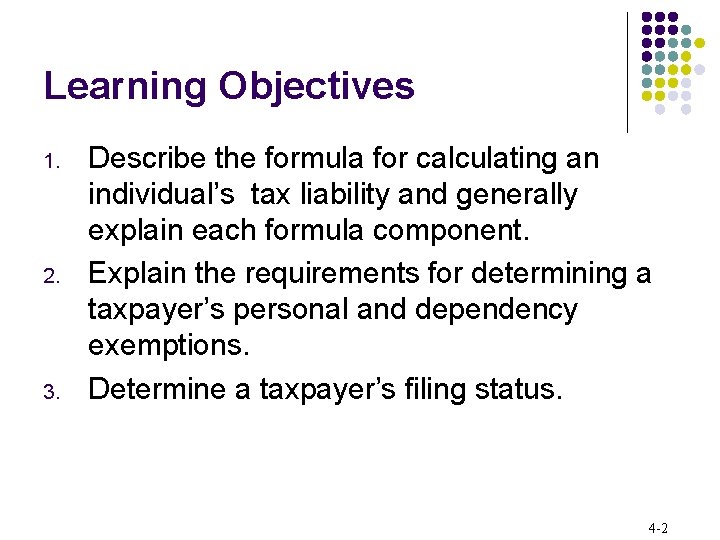 Learning Objectives 1. 2. 3. Describe the formula for calculating an individual’s tax liability