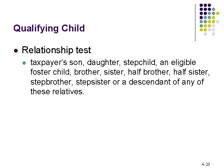 Qualifying Child l Relationship test l taxpayer’s son, daughter, stepchild, an eligible foster child,