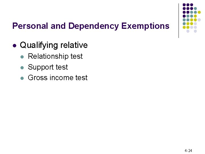 Personal and Dependency Exemptions l Qualifying relative l l l Relationship test Support test