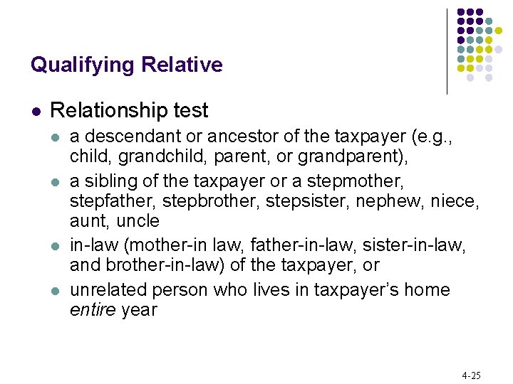 Qualifying Relative l Relationship test l l a descendant or ancestor of the taxpayer
