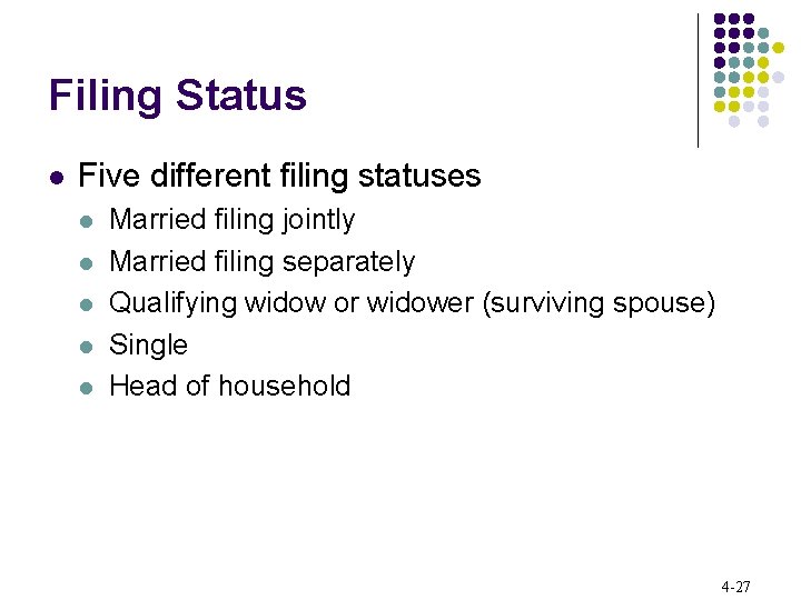 Filing Status l Five different filing statuses l l l Married filing jointly Married