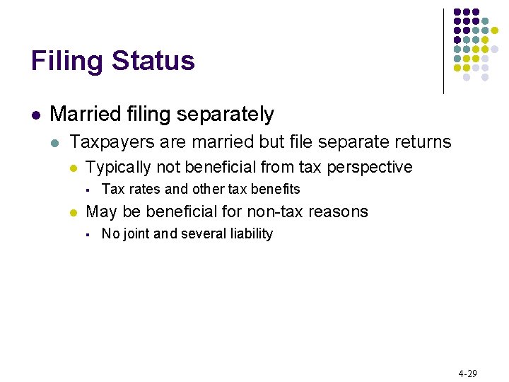 Filing Status l Married filing separately l Taxpayers are married but file separate returns