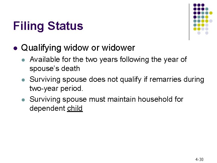 Filing Status l Qualifying widow or widower l l l Available for the two