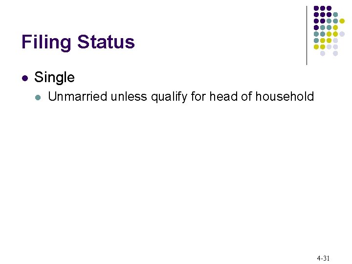 Filing Status l Single l Unmarried unless qualify for head of household 4 -31