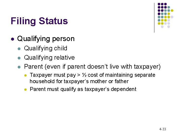 Filing Status l Qualifying person l l l Qualifying child Qualifying relative Parent (even