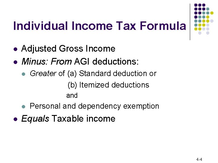 Individual Income Tax Formula l l Adjusted Gross Income Minus: From AGI deductions: l