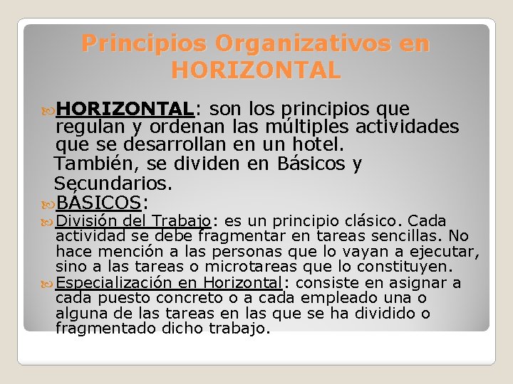 Principios Organizativos en HORIZONTAL: son los principios que regulan y ordenan las múltiples actividades