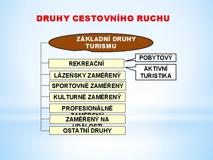 DRUHY CESTOVNÍHO RUCHU ZÁKLADNÍ DRUHY TURISMU REKREAČNÍ LÁZEŇSKY ZAMĚŘENÝ SPORTOVNĚ ZAMĚŘENÝ KULTURNĚ ZAMĚŘENÝ PROFESIONÁLNĚ