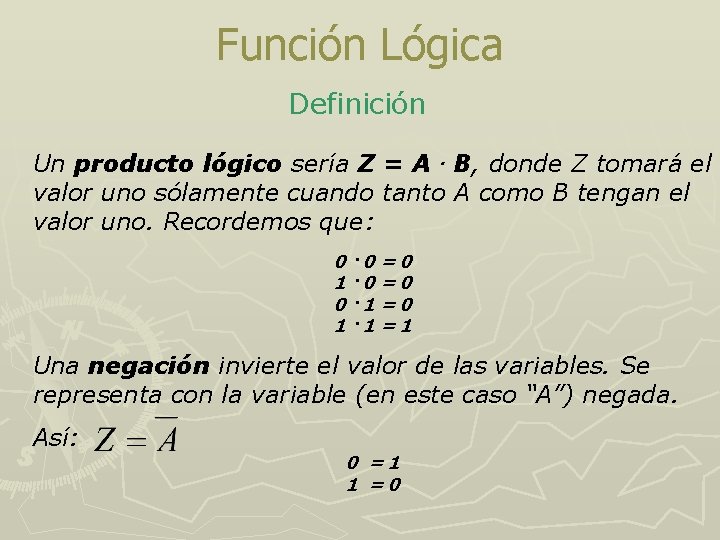 Función Lógica Definición Un producto lógico sería Z = A · B, donde Z