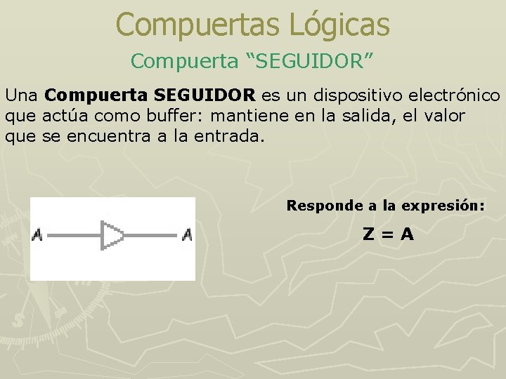 Compuertas Lógicas Compuerta “SEGUIDOR” Una Compuerta SEGUIDOR es un dispositivo electrónico que actúa como