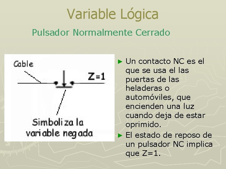 Variable Lógica Pulsador Normalmente Cerrado Un contacto NC es el que se usa el