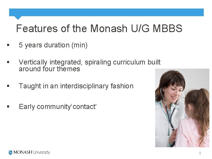 Features of the Monash U/G MBBS § 5 years duration (min) § Vertically integrated,