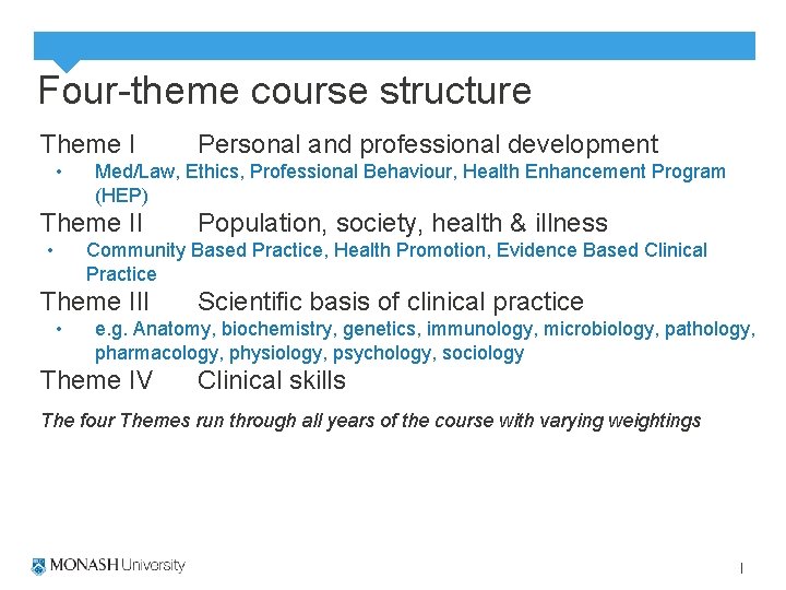 Four-theme course structure Theme I • Med/Law, Ethics, Professional Behaviour, Health Enhancement Program (HEP)