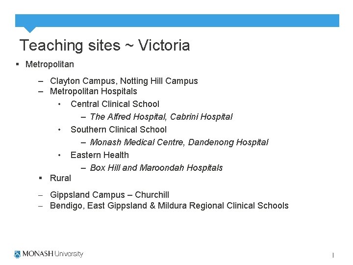 Teaching sites ~ Victoria § Metropolitan – Clayton Campus, Notting Hill Campus – Metropolitan