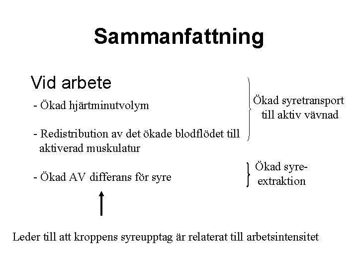Sammanfattning Vid arbete - Ökad hjärtminutvolym Ökad syretransport till aktiv vävnad - Redistribution av