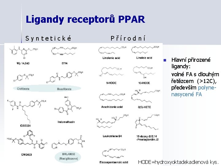 Ligandy receptorů PPAR Syntetické Přírodní n Hlavní přirozené ligandy: volné FA s dlouhým řetězcem