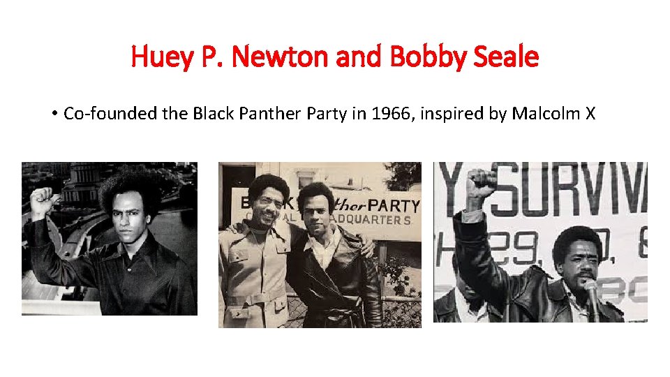 Huey P. Newton and Bobby Seale • Co-founded the Black Panther Party in 1966,