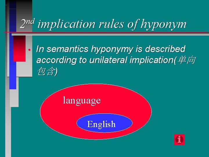 2 nd implication rules of hyponym • In semantics hyponymy is described according to