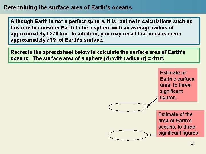 Determining the surface area of Earth’s oceans Although Earth is not a perfect sphere,