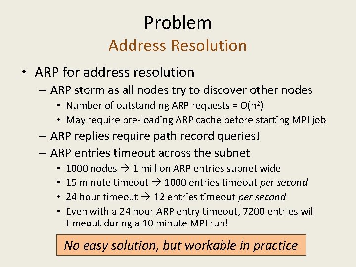 Problem Address Resolution • ARP for address resolution – ARP storm as all nodes