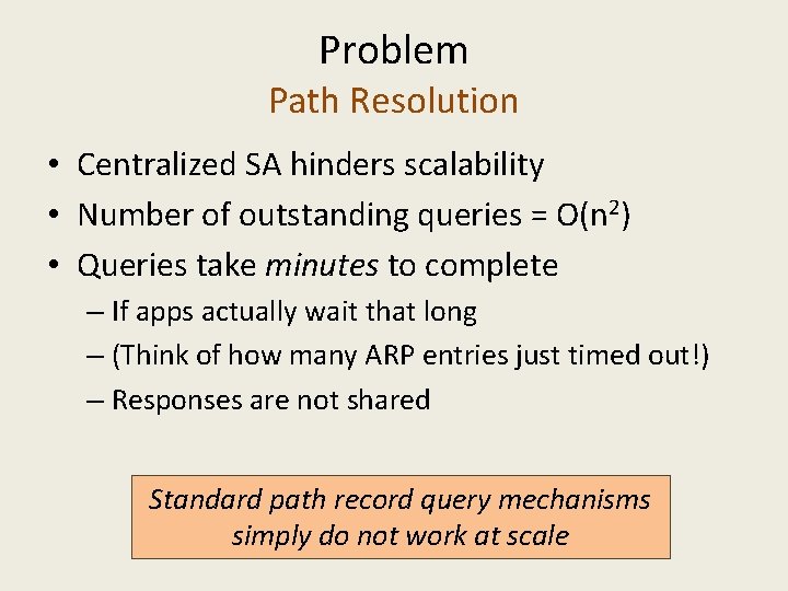Problem Path Resolution • Centralized SA hinders scalability • Number of outstanding queries =