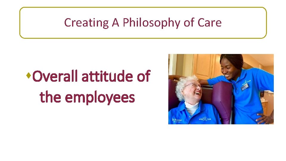 Creating A Philosophy of Care s. Overall attitude of the employees 