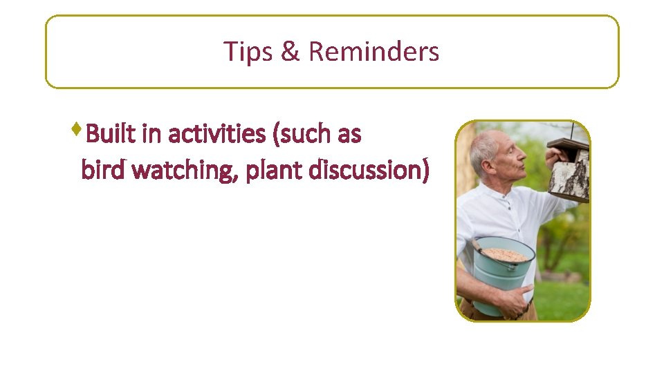 Tips & Reminders, Cot’d. s. Built in activities (such as bird watching, plant discussion)