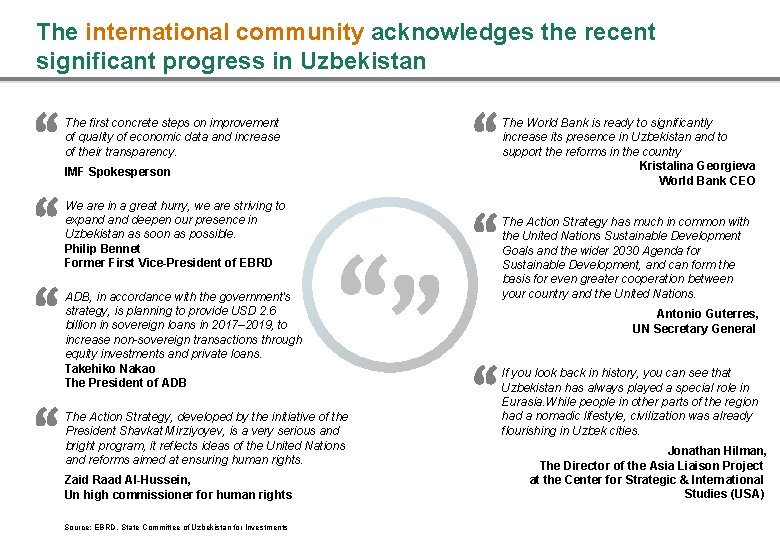 The international community acknowledges the recent significant progress in Uzbekistan The first concrete steps