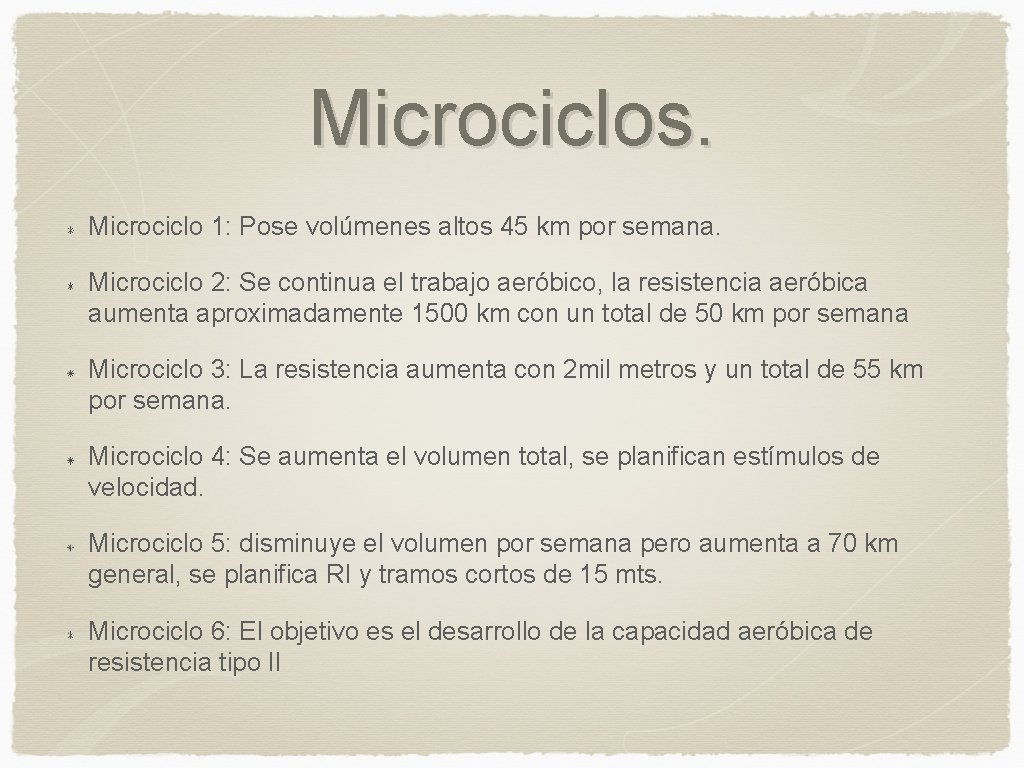 Microciclos. Microciclo 1: Pose volúmenes altos 45 km por semana. Microciclo 2: Se continua