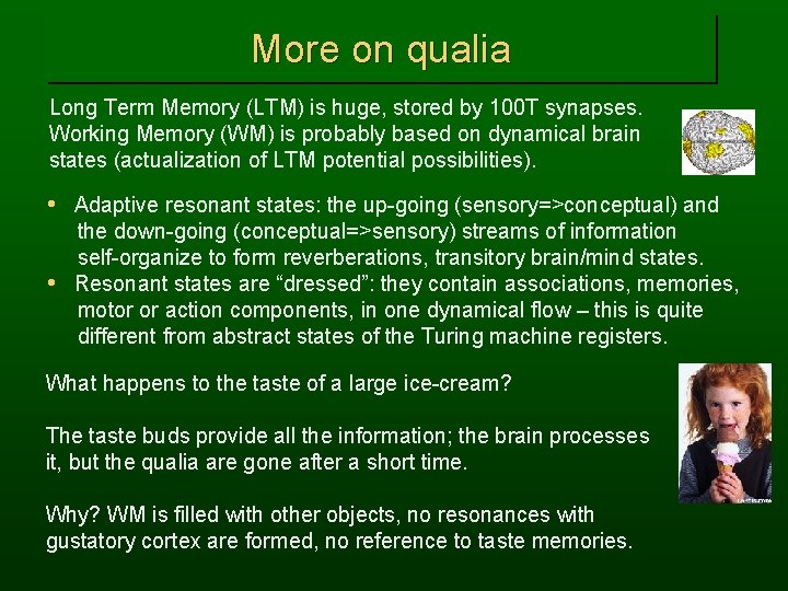 More on qualia Long Term Memory (LTM) is huge, stored by 100 T synapses.