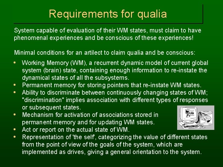 Requirements for qualia System capable of evaluation of their WM states, must claim to