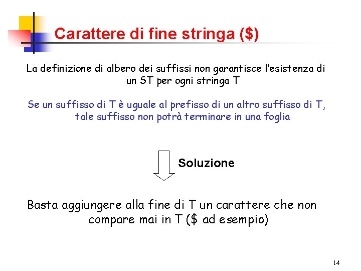 Carattere di fine stringa ($) La definizione di albero dei suffissi non garantisce l’esistenza