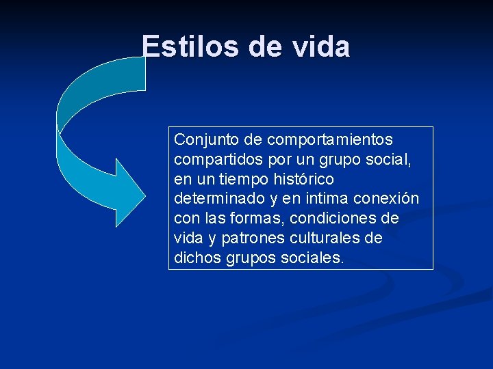 Estilos de vida Conjunto de comportamientos compartidos por un grupo social, en un tiempo