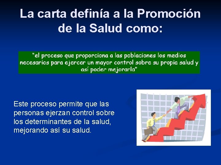 La carta definía a la Promoción de la Salud como: Este proceso permite que