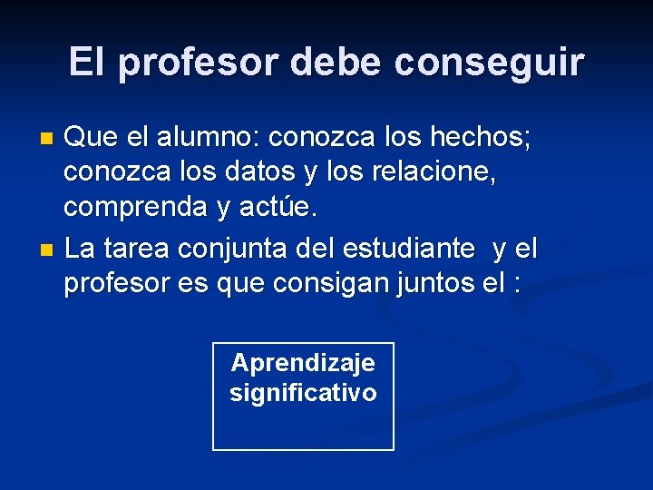 El profesor debe conseguir Que el alumno: conozca los hechos; conozca los datos y