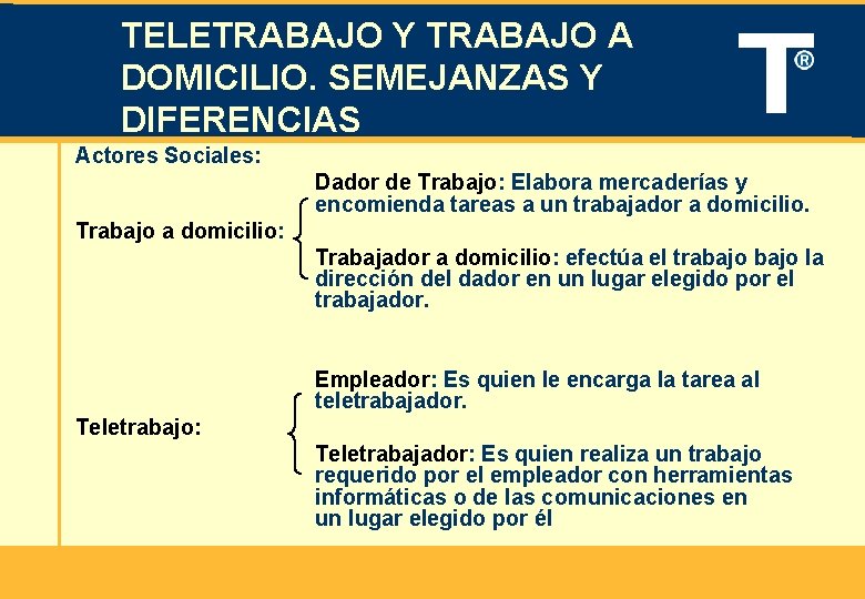 TELETRABAJO Y TRABAJO A DOMICILIO. SEMEJANZAS Y DIFERENCIAS Actores Sociales: Dador de Trabajo: Elabora