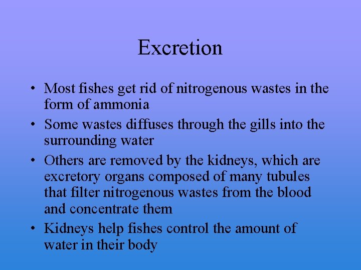 Excretion • Most fishes get rid of nitrogenous wastes in the form of ammonia