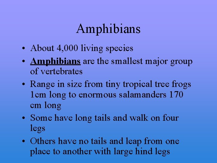 Amphibians • About 4, 000 living species • Amphibians are the smallest major group