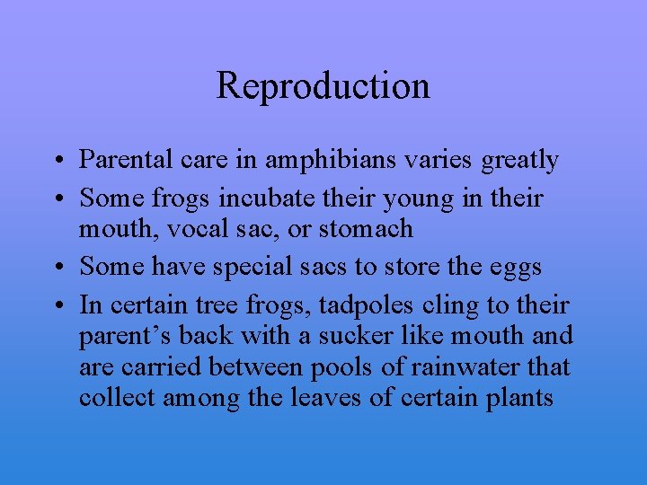 Reproduction • Parental care in amphibians varies greatly • Some frogs incubate their young