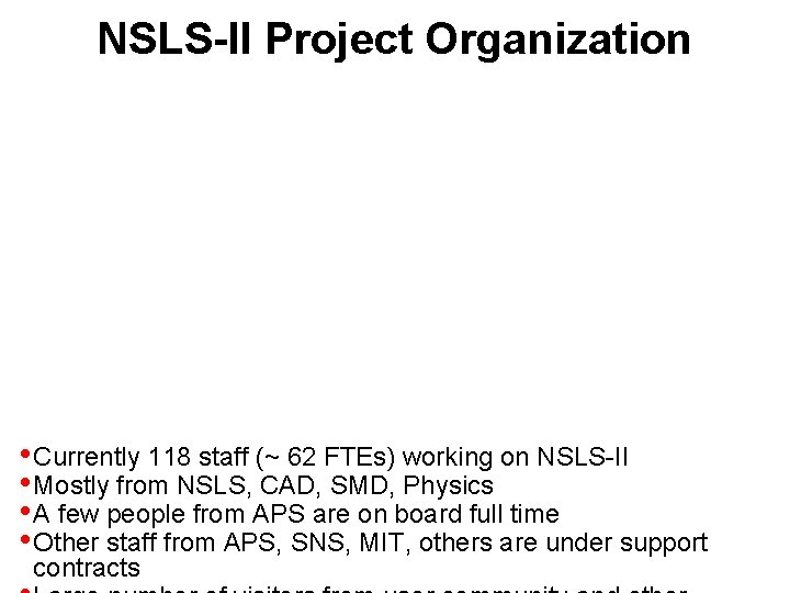 NSLS-II Project Organization • Currently 118 staff (~ 62 FTEs) working on NSLS-II •