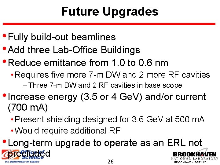 Future Upgrades • Fully build-out beamlines • Add three Lab-Office Buildings • Reduce emittance Future Upgrades • Fully build-out beamlines • Add three Lab-Office Buildings • Reduce emittance