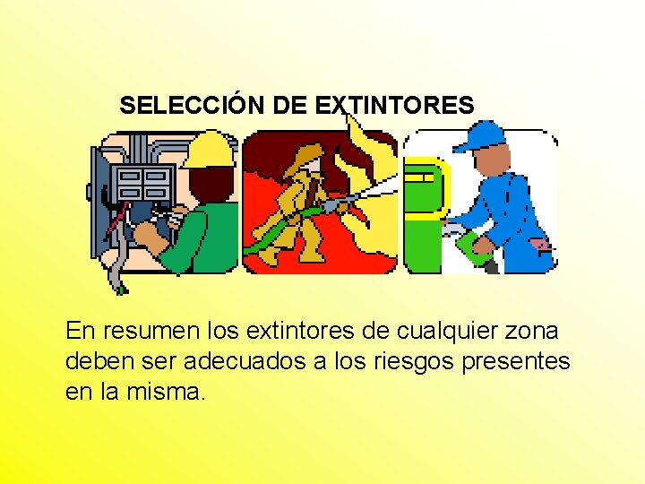 SELECCIÓN DE EXTINTORES En resumen los extintores de cualquier zona deben ser adecuados a