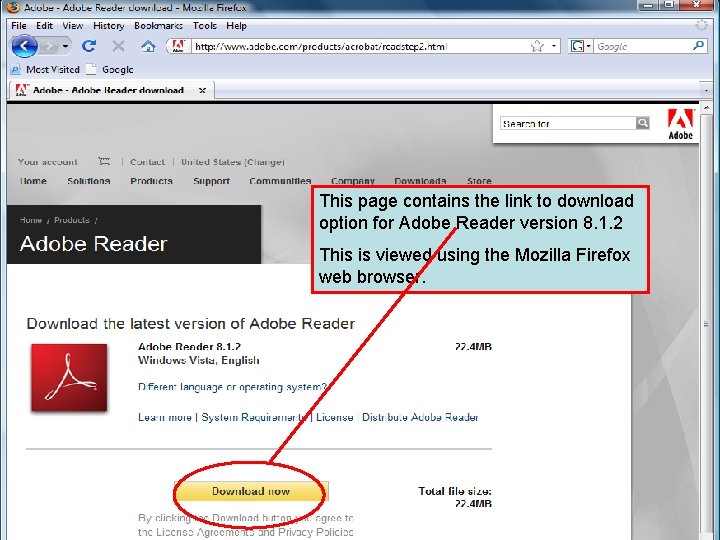 This page contains the link to download option for Adobe Reader version 8. 1.