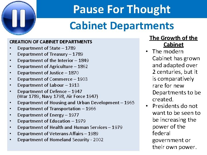 Pause For Thought Cabinet Departments CREATION OF CABINET DEPARTMENTS • Department of State –
