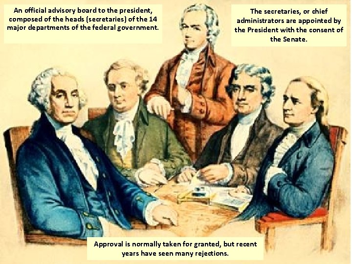 An official advisory board to the president, composed of the heads (secretaries) of the