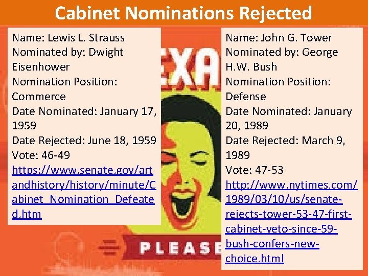 Cabinet Nominations Rejected Name: Lewis L. Strauss Nominated by: Dwight Eisenhower Nomination Position: Commerce