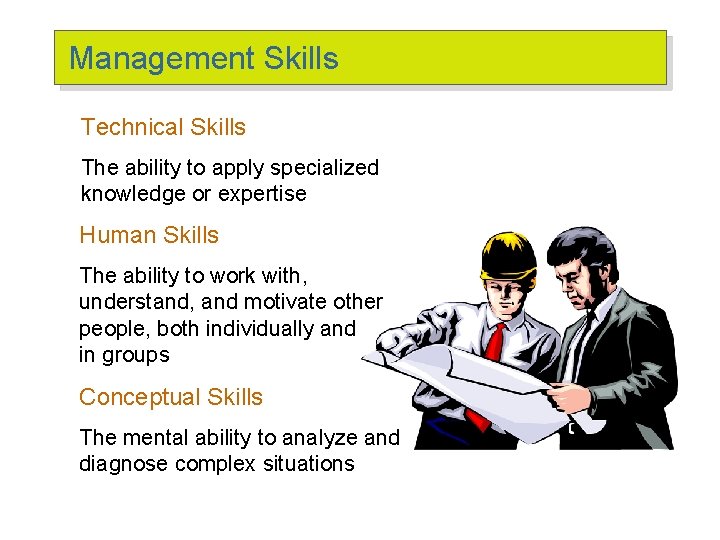 Management Skills Technical Skills The ability to apply specialized knowledge or expertise Human Skills