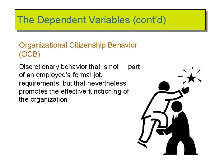 The Dependent Variables (cont’d) Organizational Citizenship Behavior (OCB) Discretionary behavior that is not part