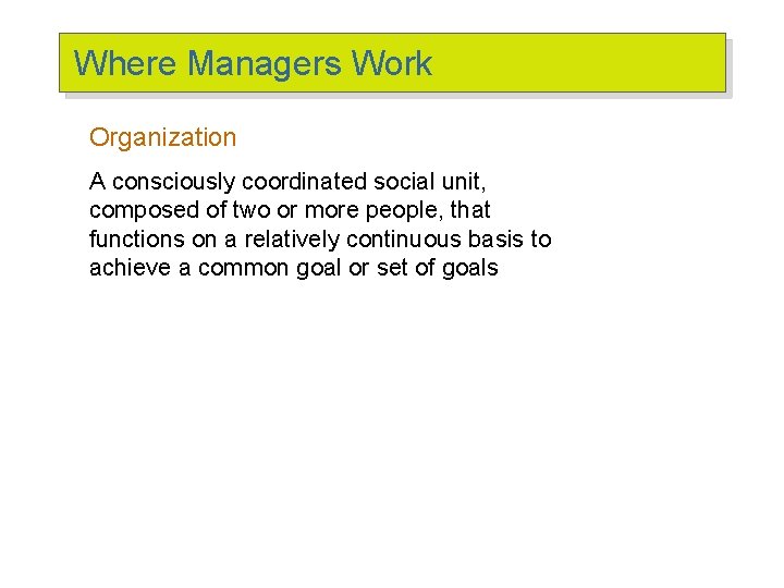 Where Managers Work Organization A consciously coordinated social unit, composed of two or more